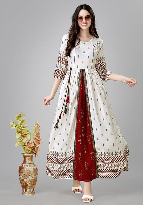 White Abstract Print Rayon Kurta