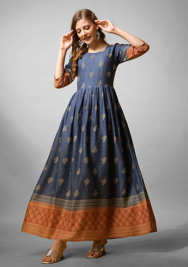 Blue Abstract Print Rayon Kurta - Indya