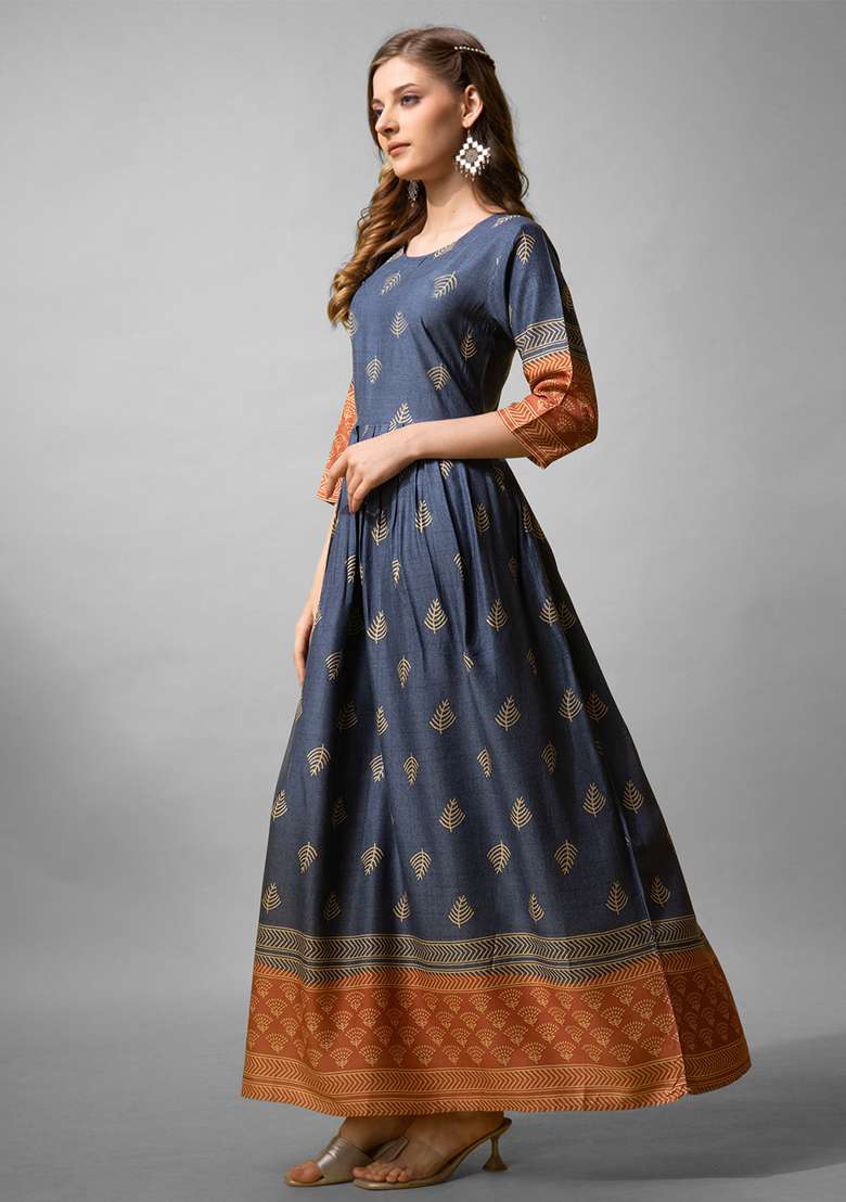 Blue Abstract Print Rayon Kurta - Indya