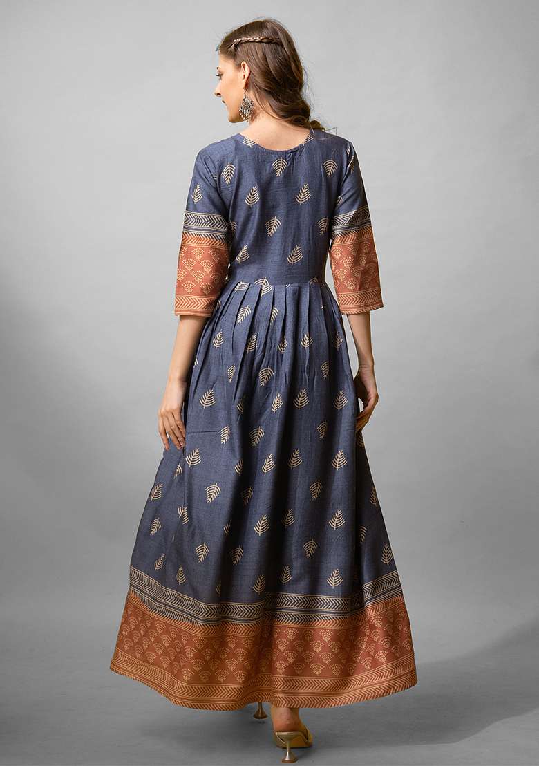 Blue Abstract Print Rayon Kurta - Indya