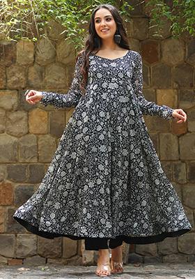 Black Floral Print Georgette Kurta