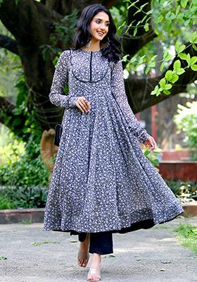 Black Floral Print Georgette Kurta