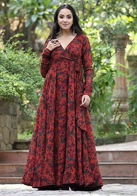 Orange Floral Print Georgette Kurta