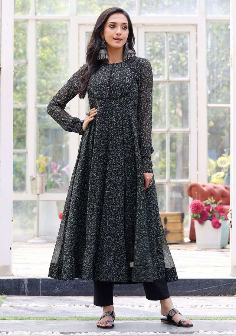 Black Floral Print Georgette Kurta - Indya