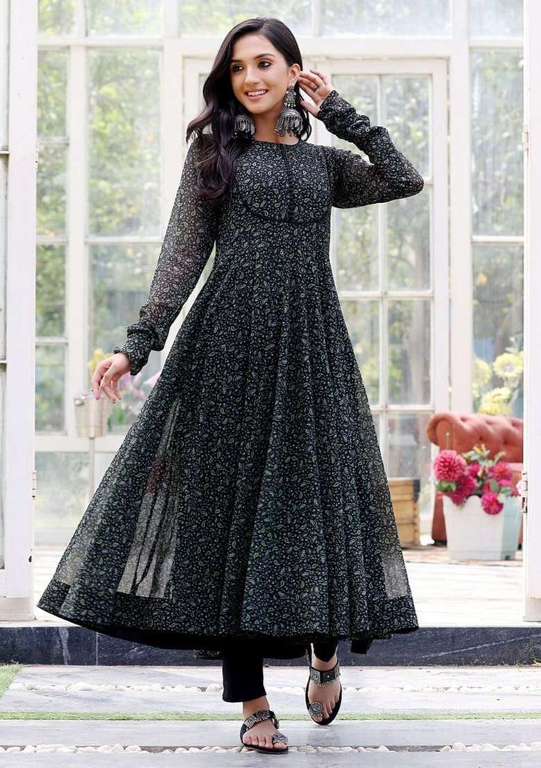 Black Floral Print Georgette Kurta - Indya