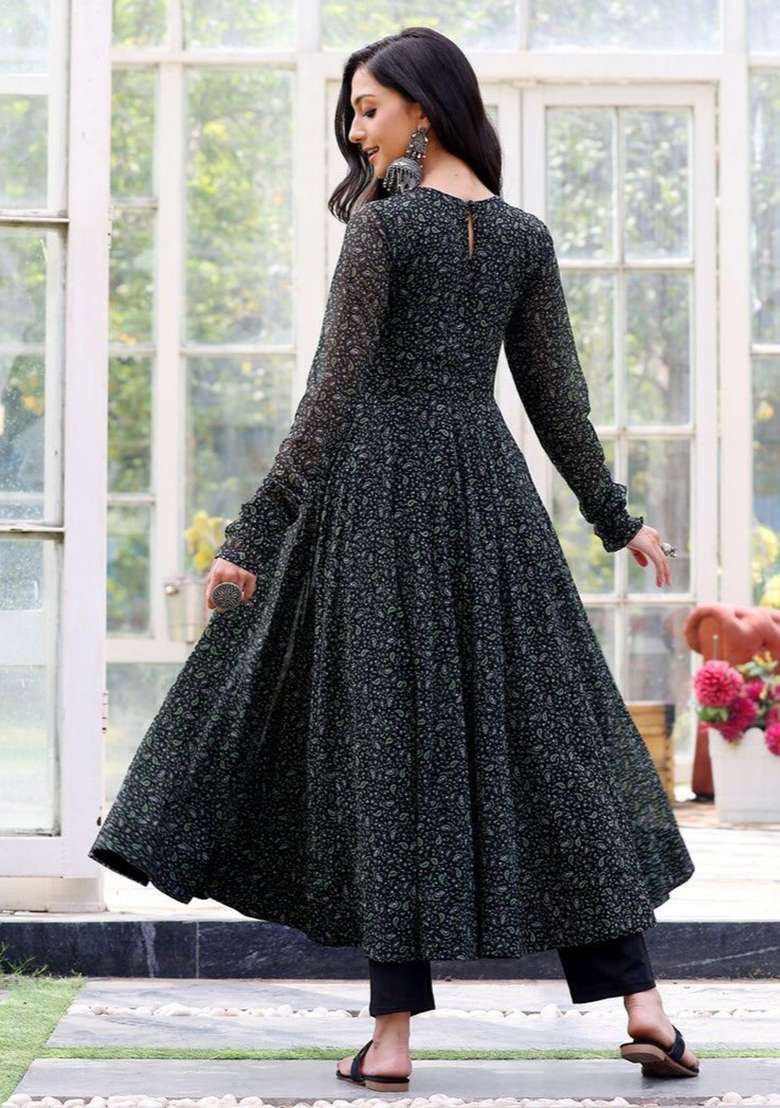 Black Floral Print Georgette Kurta - Indya