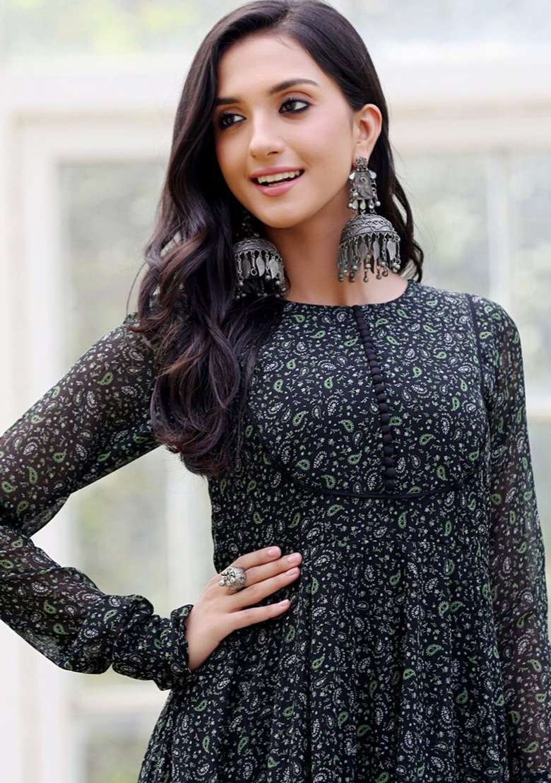 Black Floral Print Georgette Kurta - Indya