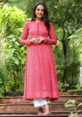 Pink Floral Print Georgette Kurta