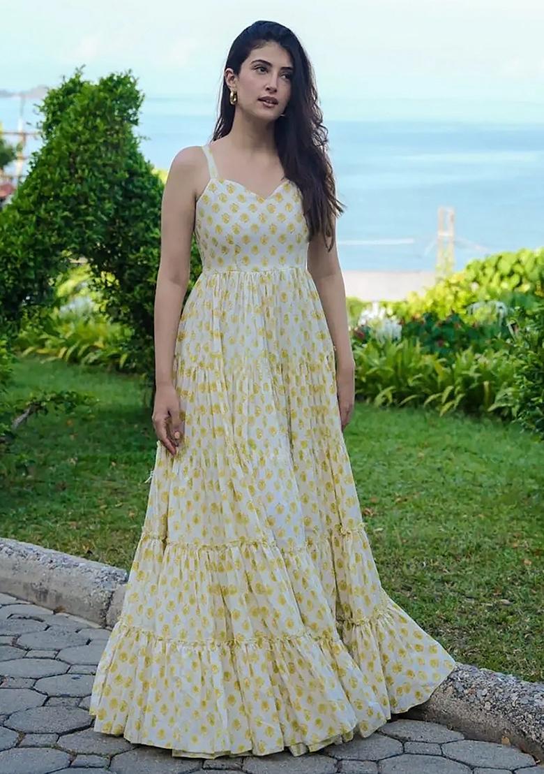 Yellow Abstract Print Rayon Dress