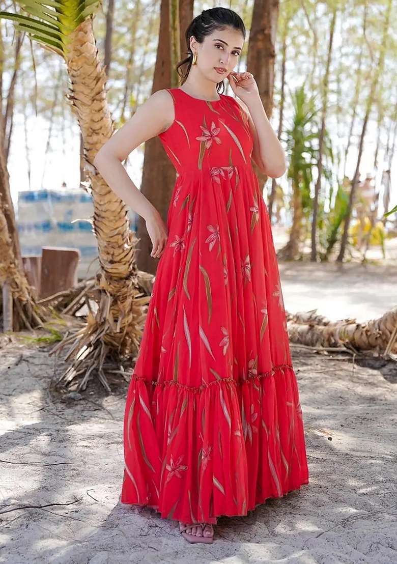 Pink Georgette Gown with Printed for Diwali | Wedding & Festive Wear - Indya