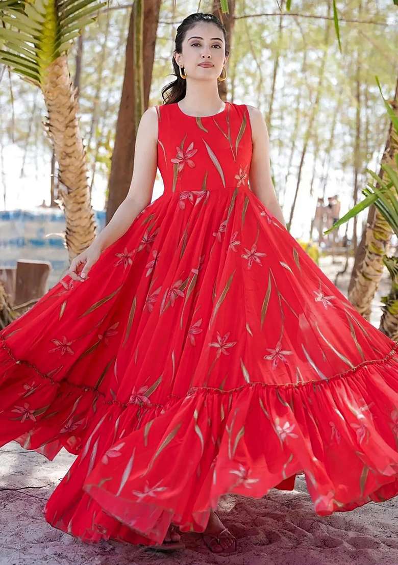 Pink Georgette Gown with Printed for Diwali | Wedding & Festive Wear - Indya