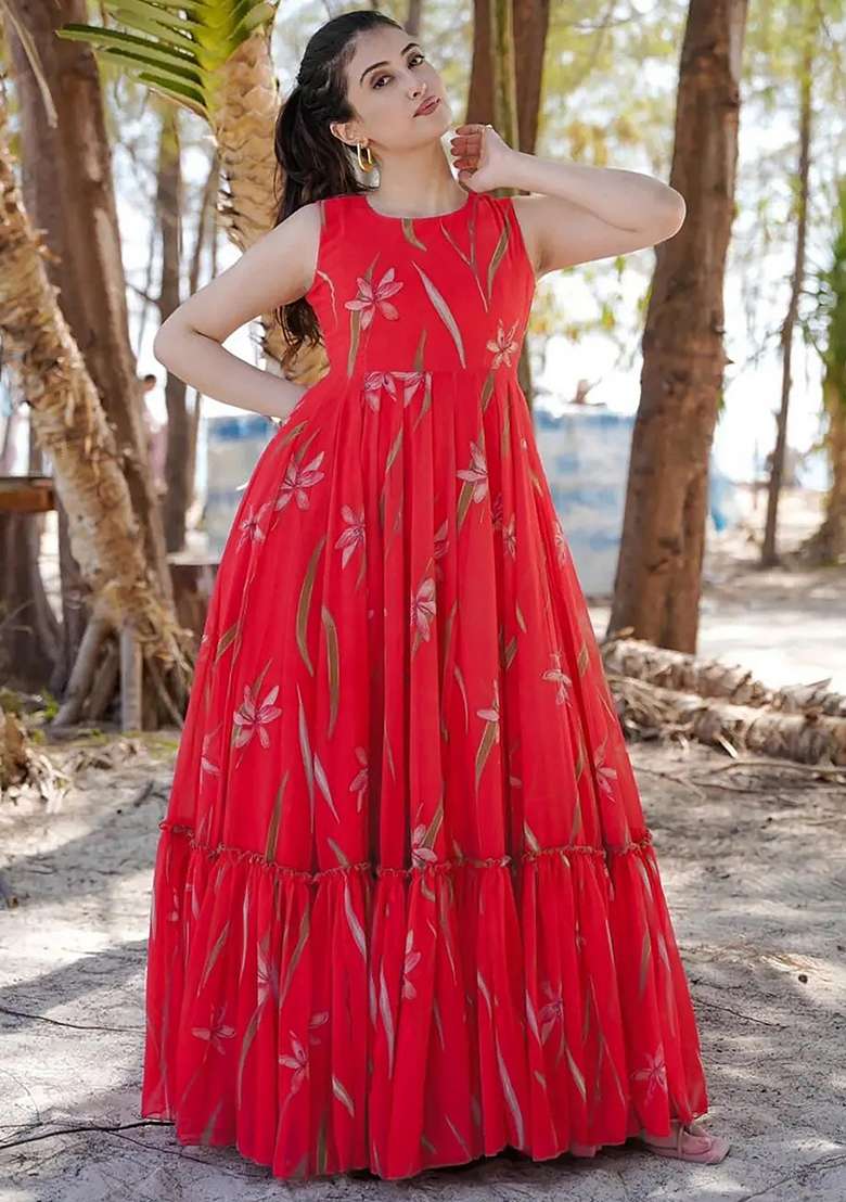 Pink Georgette Gown with Printed for Diwali | Wedding & Festive Wear - Indya