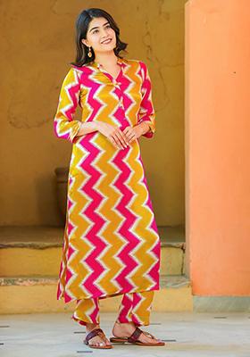 Multicolor Abstract Print Art Silk Kurta Set