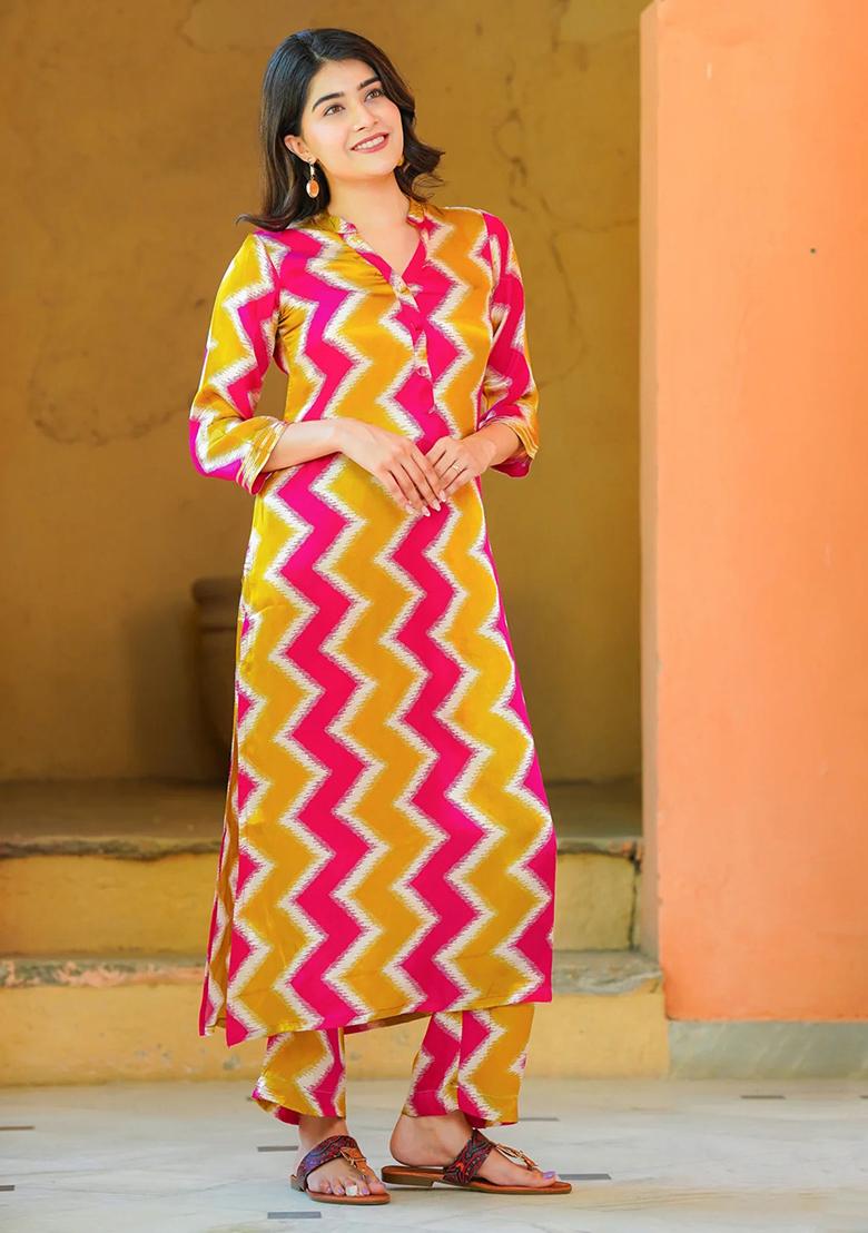 Multicolor Abstract Print Art Silk Kurta Set