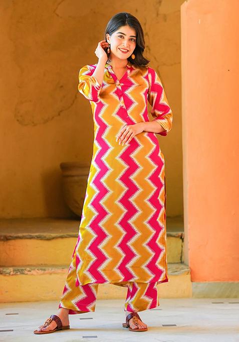 Multicolor Abstract Print Art Silk Kurta Set