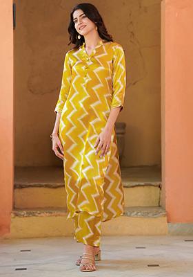 Mustard Abstract Print Art Silk Kurta Set