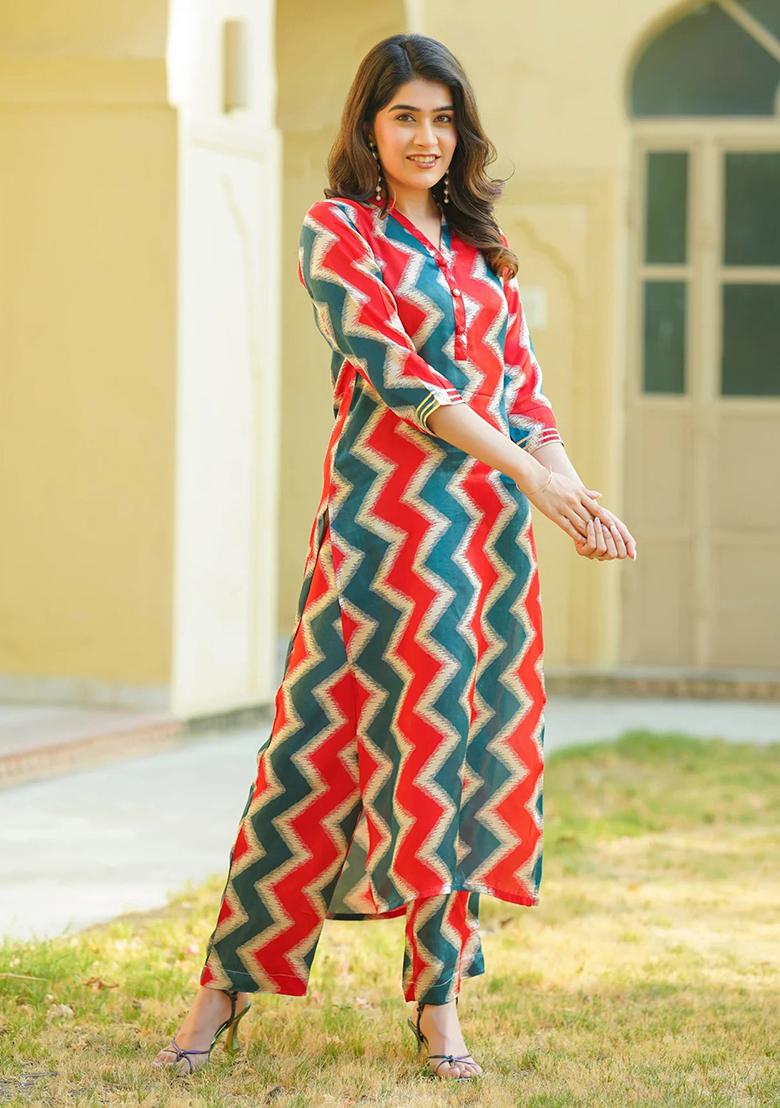 Multicolor Abstract Print Art Silk Kurta Set