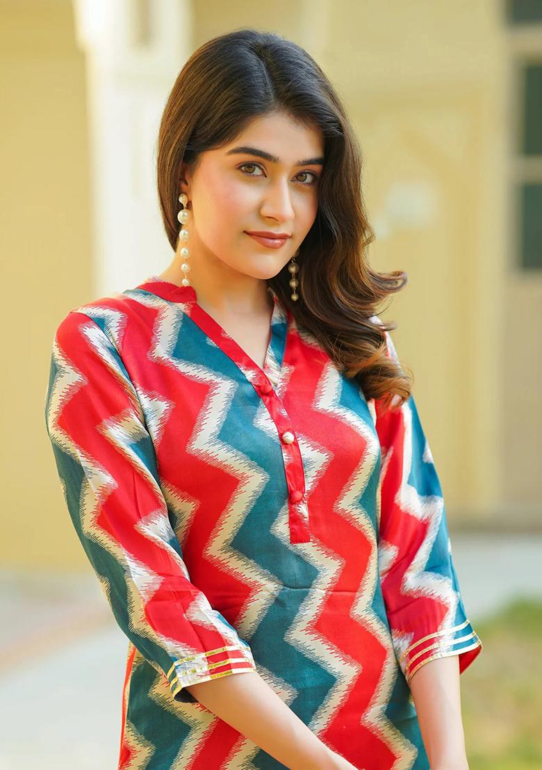 Multicolor Abstract Print Art Silk Kurta Set