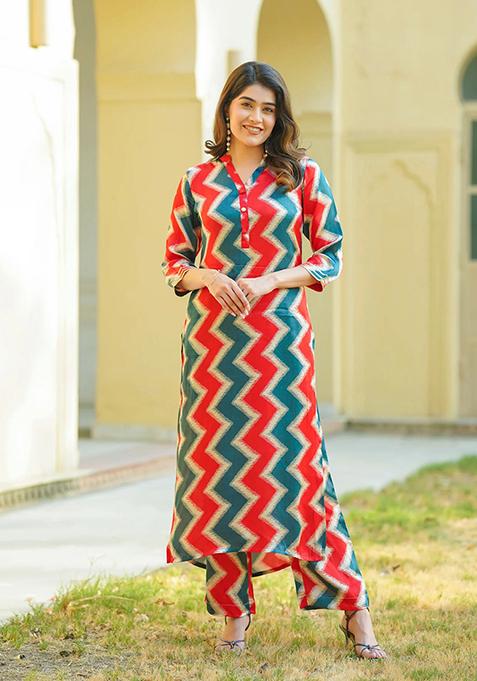 Multicolor Abstract Print Art Silk Kurta Set