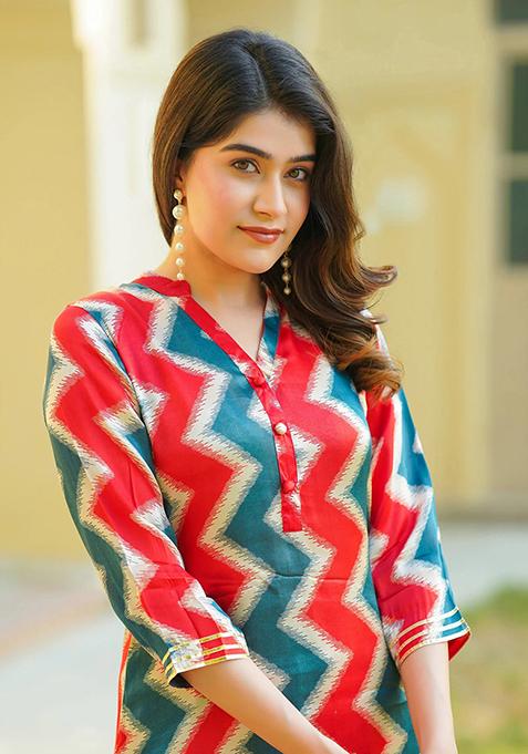 Multicolor Abstract Print Art Silk Kurta Set