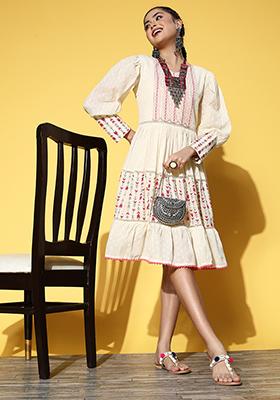 Off White Embroidered Pure Cotton Dress