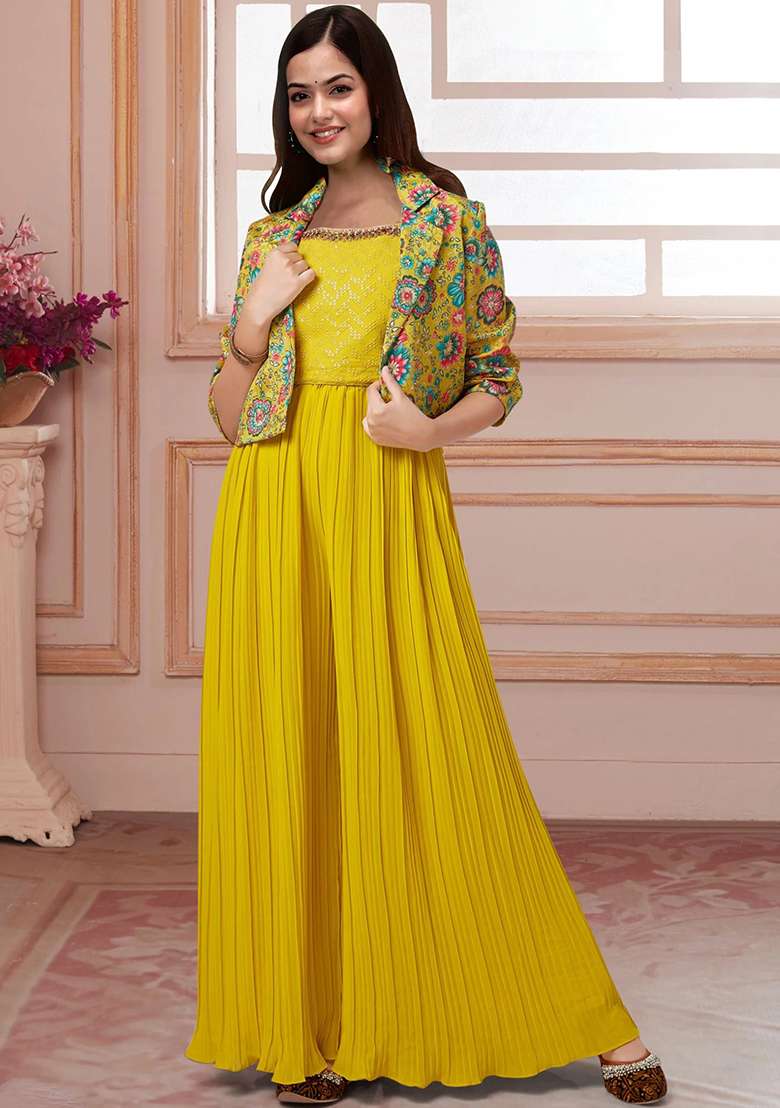 Mustard Zari Sequin Embroidered Cotton Silk Palazzo Set With Jacket - Indya