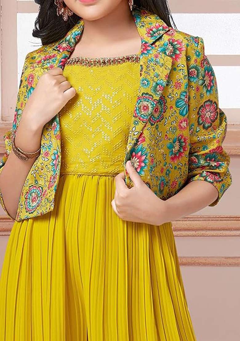 Mustard Zari Sequin Embroidered Cotton Silk Palazzo Set With Jacket - Indya