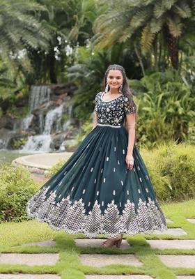 Teal Blue Sequin Zari Embroidered Faux Blooming Anarkali Kurta
