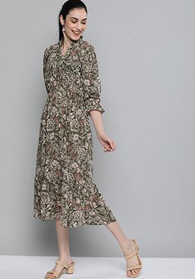 Olive Green Floral Print Georgette Dress