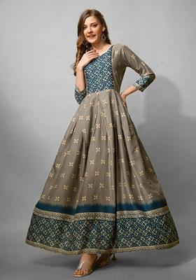 Grey Embroidered Cotton Blend Anarkali Kurta