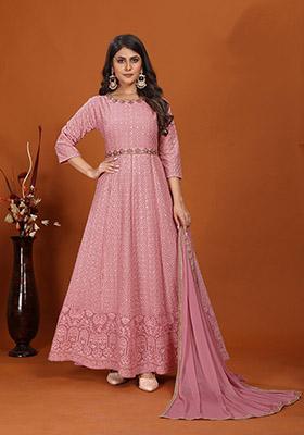 Pink Embroidered Faux Georgette Anarkali Set