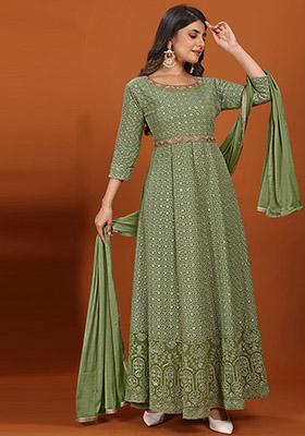 Sea Green Embroidered Faux Georgette Anarkali Set