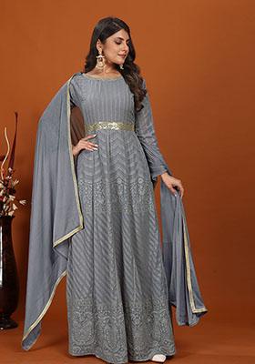 Grey Embroidered Faux Georgette Anarkali Set
