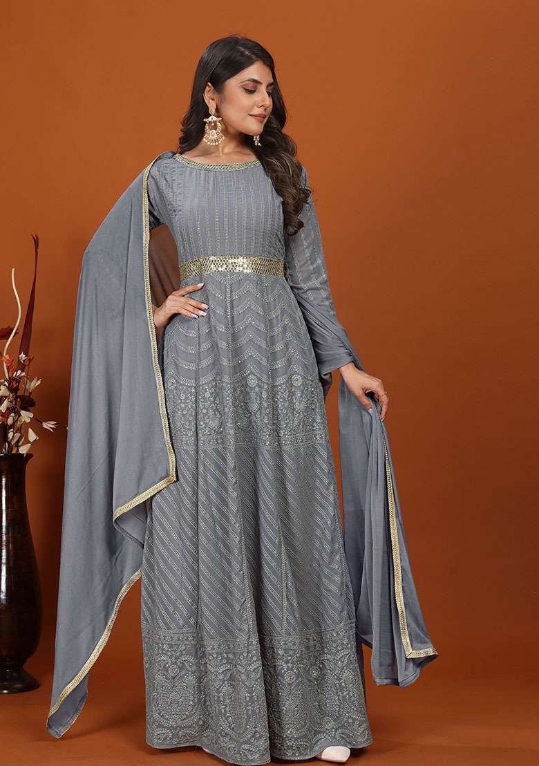 Grey Embroidered Faux Georgette Anarkali Set - Indya