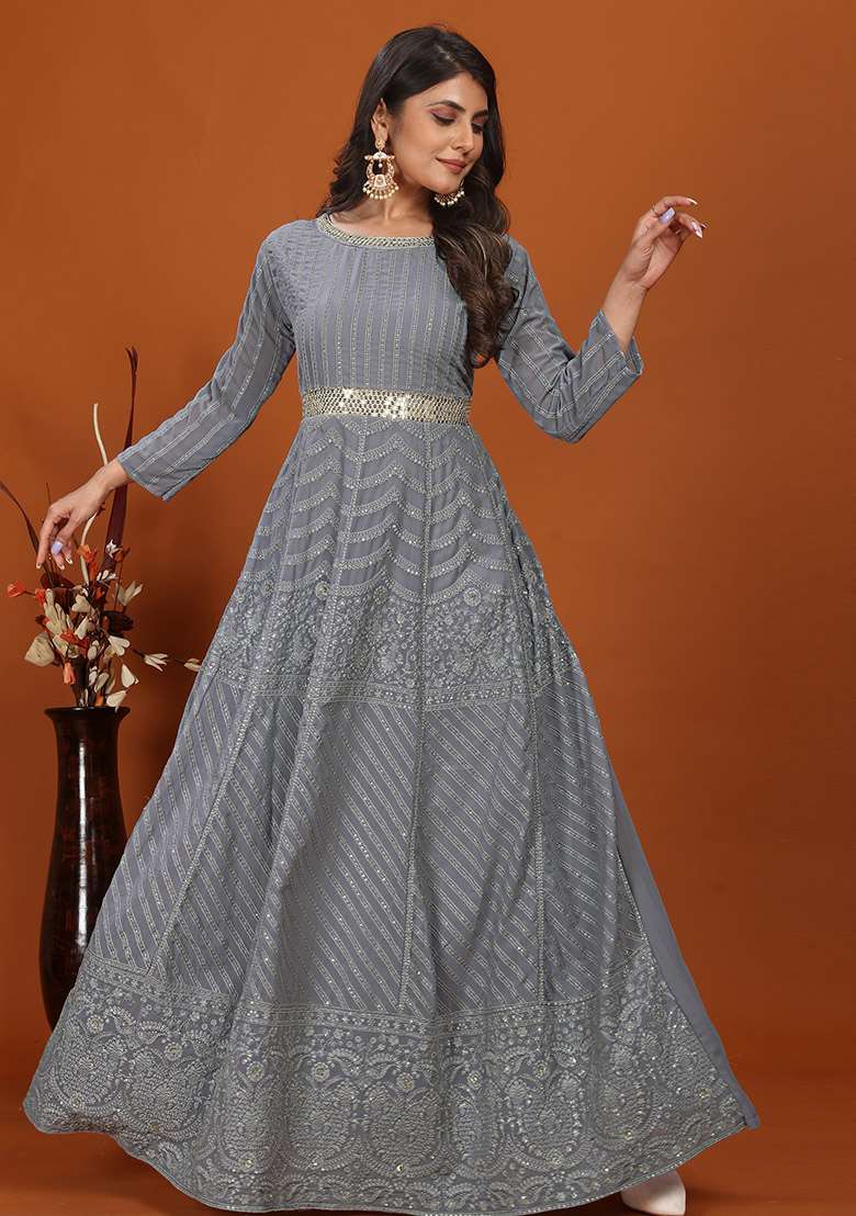 Grey Embroidered Faux Georgette Anarkali Set - Indya