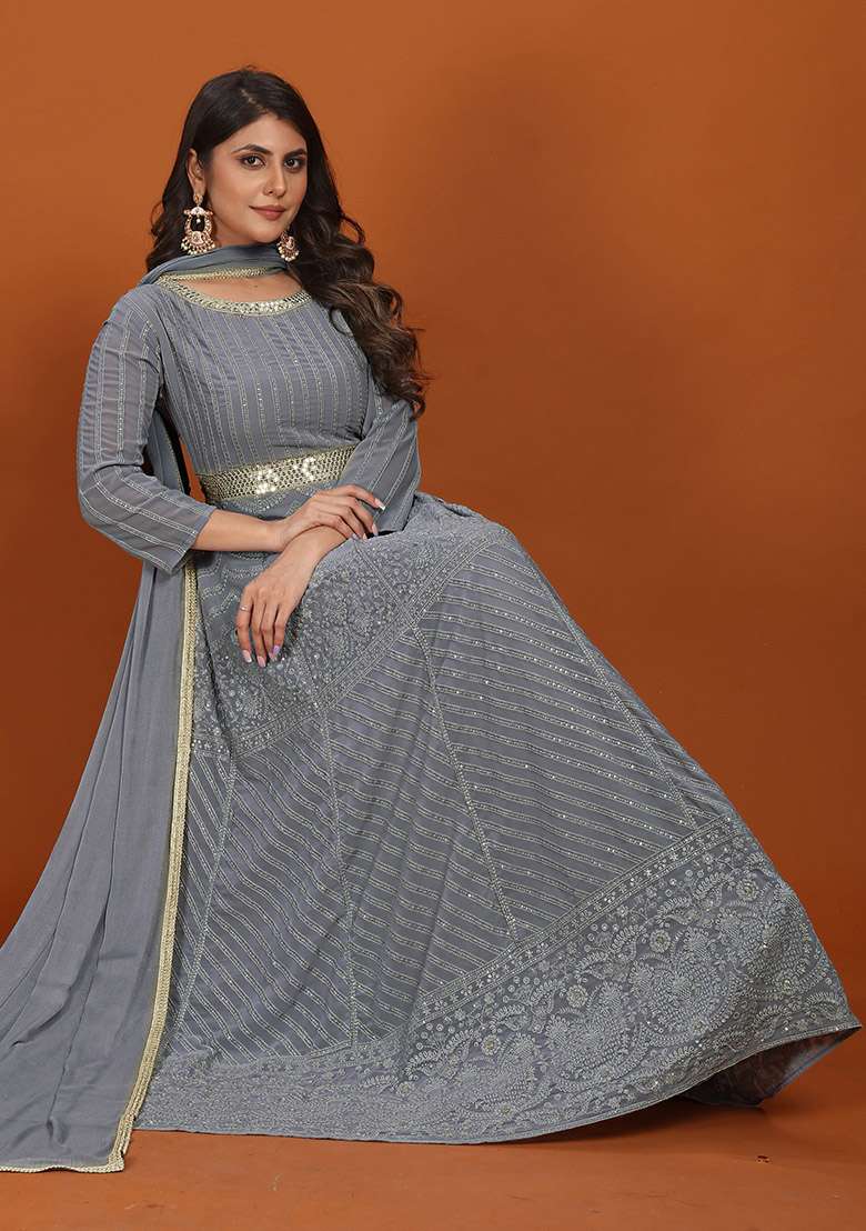 Grey Embroidered Faux Georgette Anarkali Set - Indya