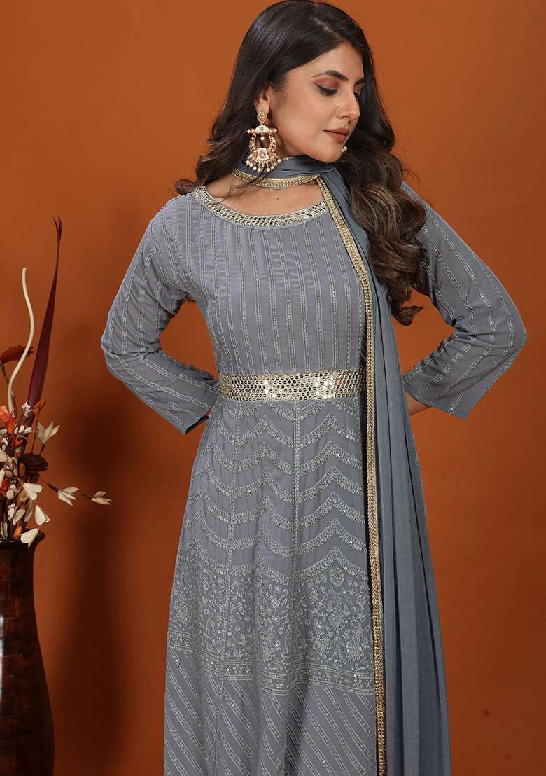 Grey Embroidered Faux Georgette Anarkali Set - Indya
