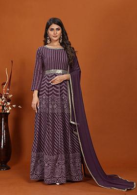 Wine Embroidered Faux Georgette Anarkali Set