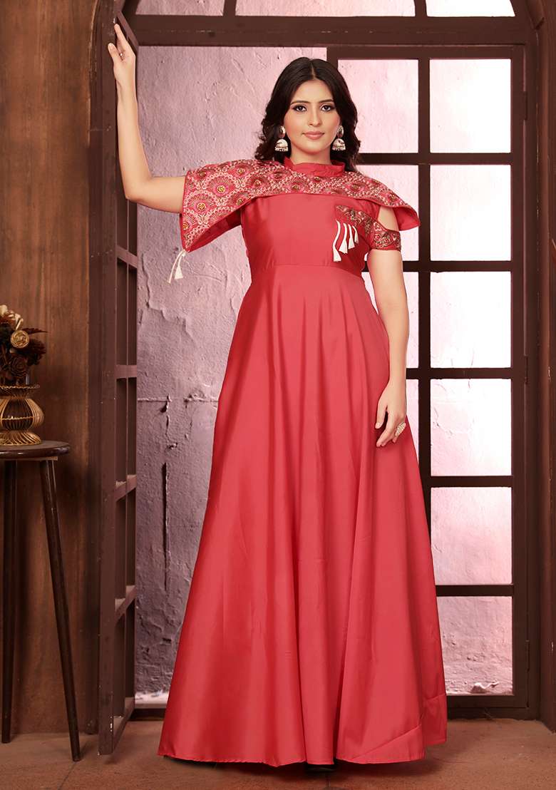 Pink Embroidered Silk Gown - Indya