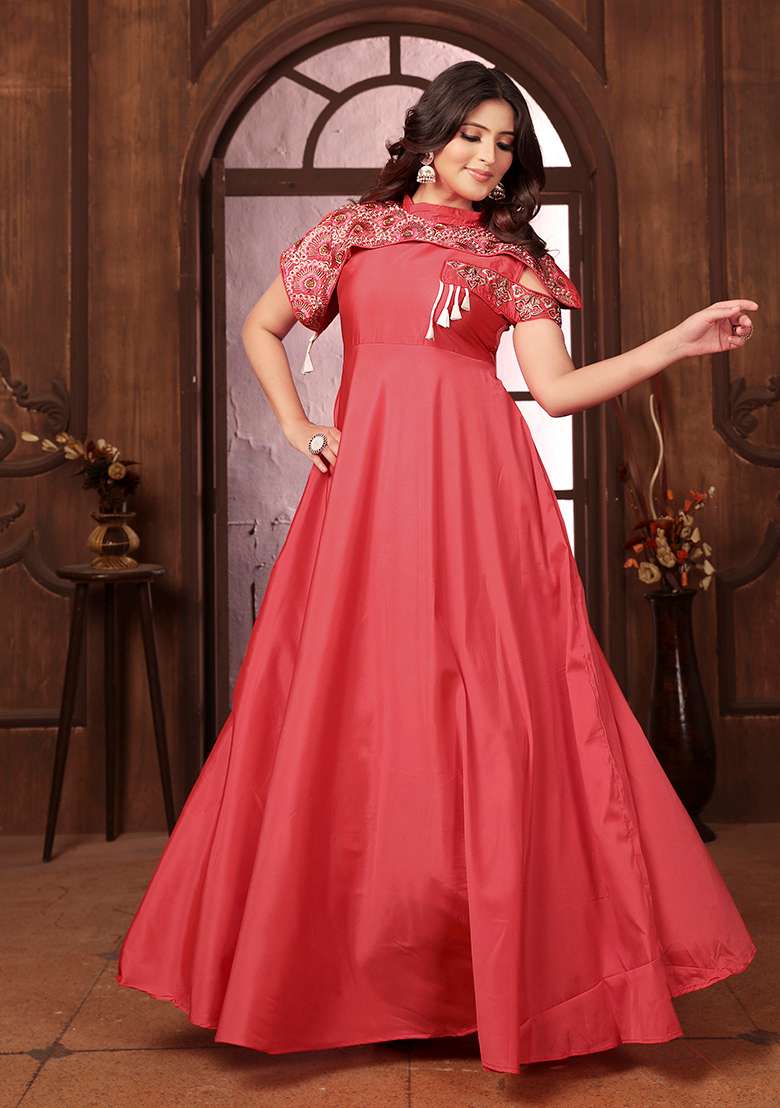 Pink Embroidered Silk Gown - Indya