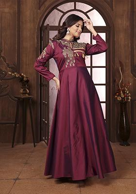 Wine Embroidered Silk Gown