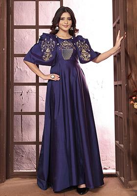 Navy Blue Embroidered Silk Gown