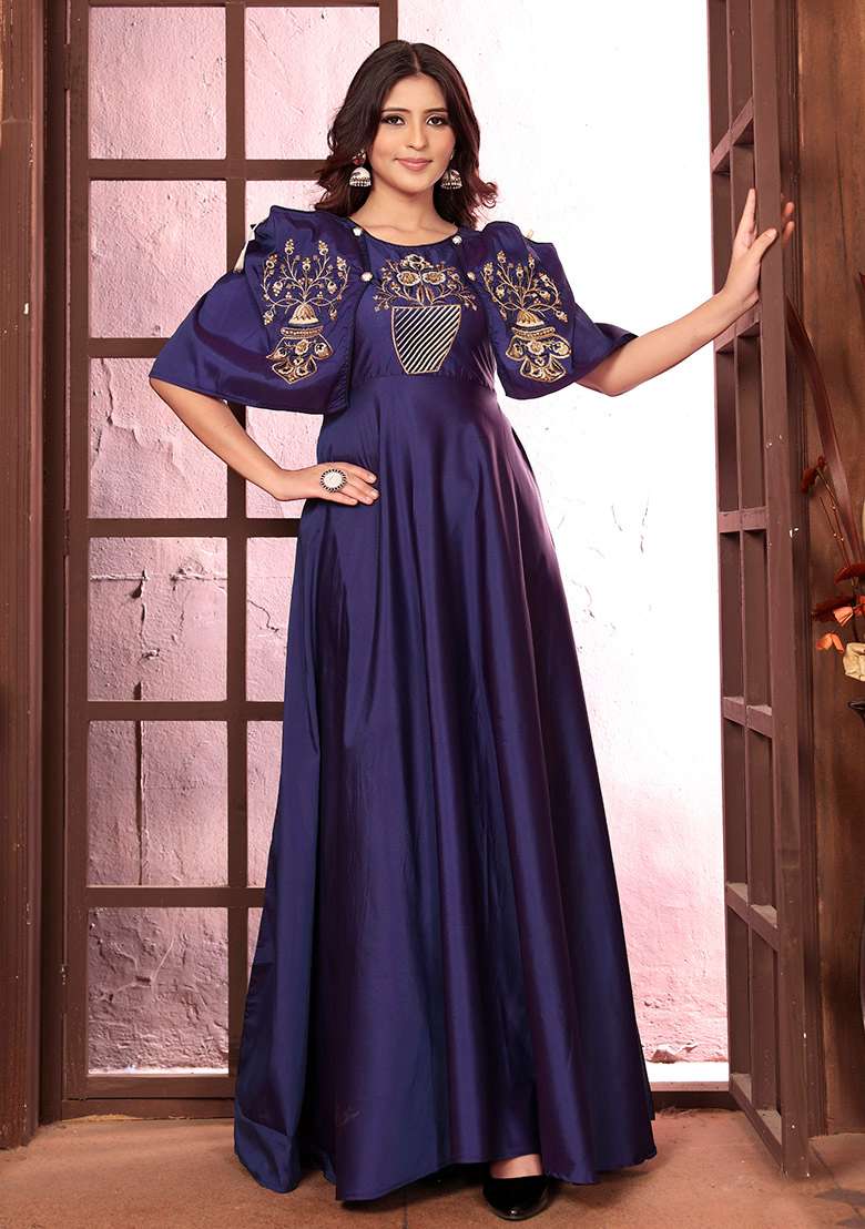 Navy Blue Embroidered Silk Gown - Indya
