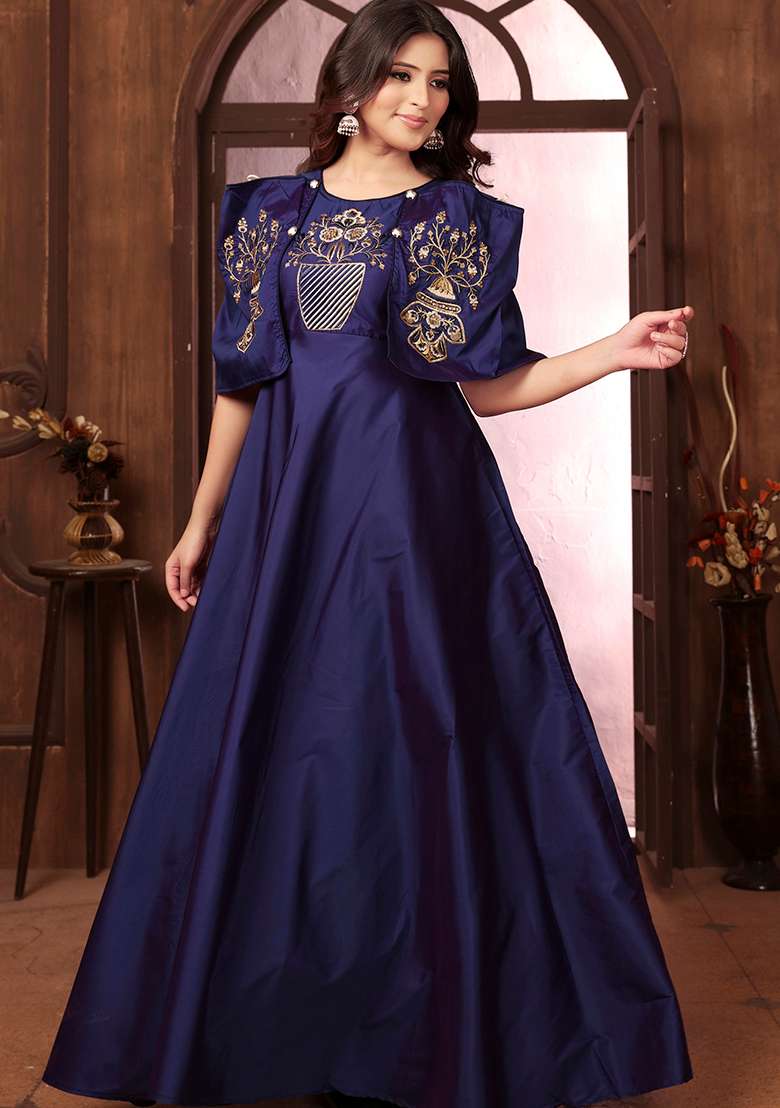 Navy Blue Embroidered Silk Gown - Indya