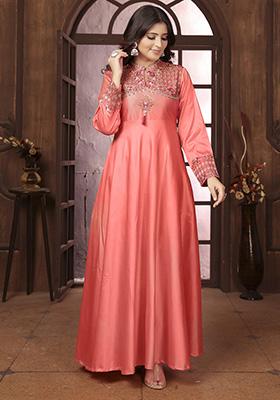 Peach Embroidered Silk Gown