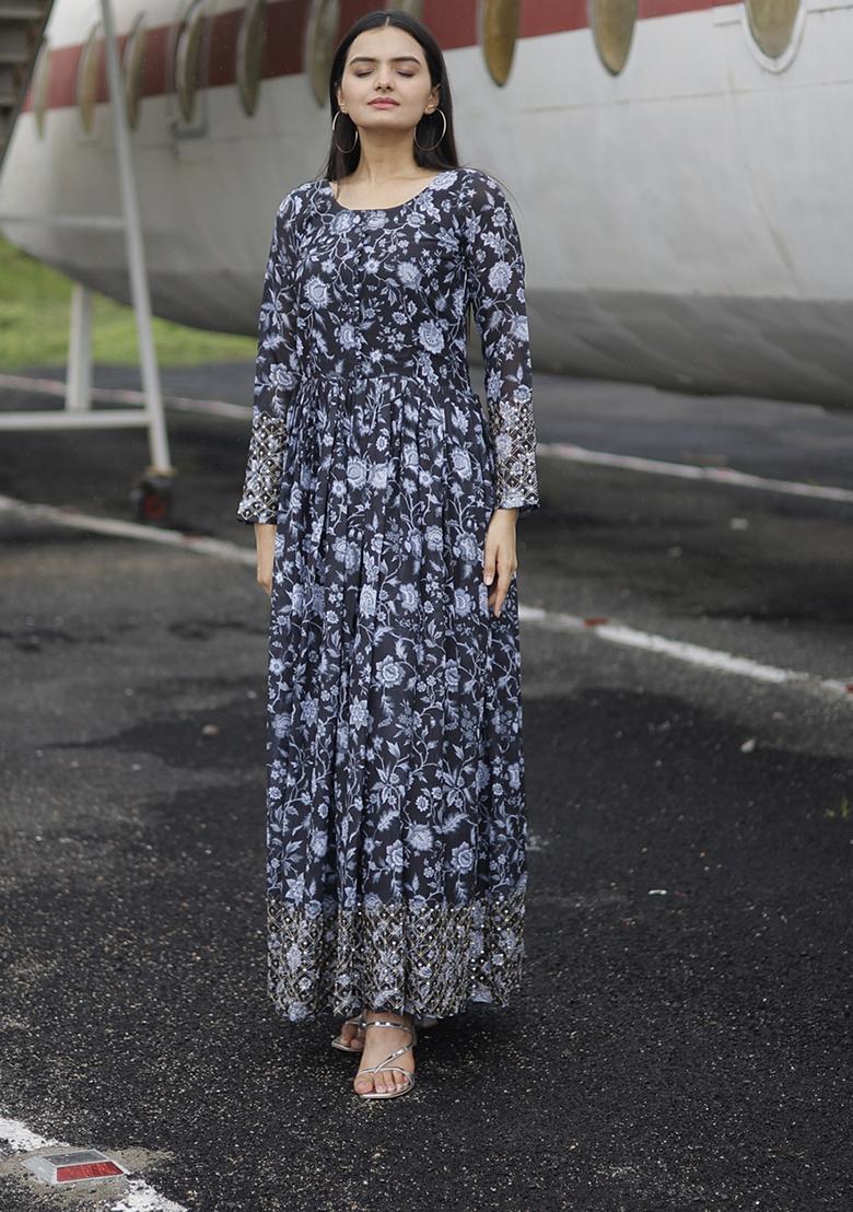 Black Sequin Zari Embroidered Faux Georgette Anarkali Kurta