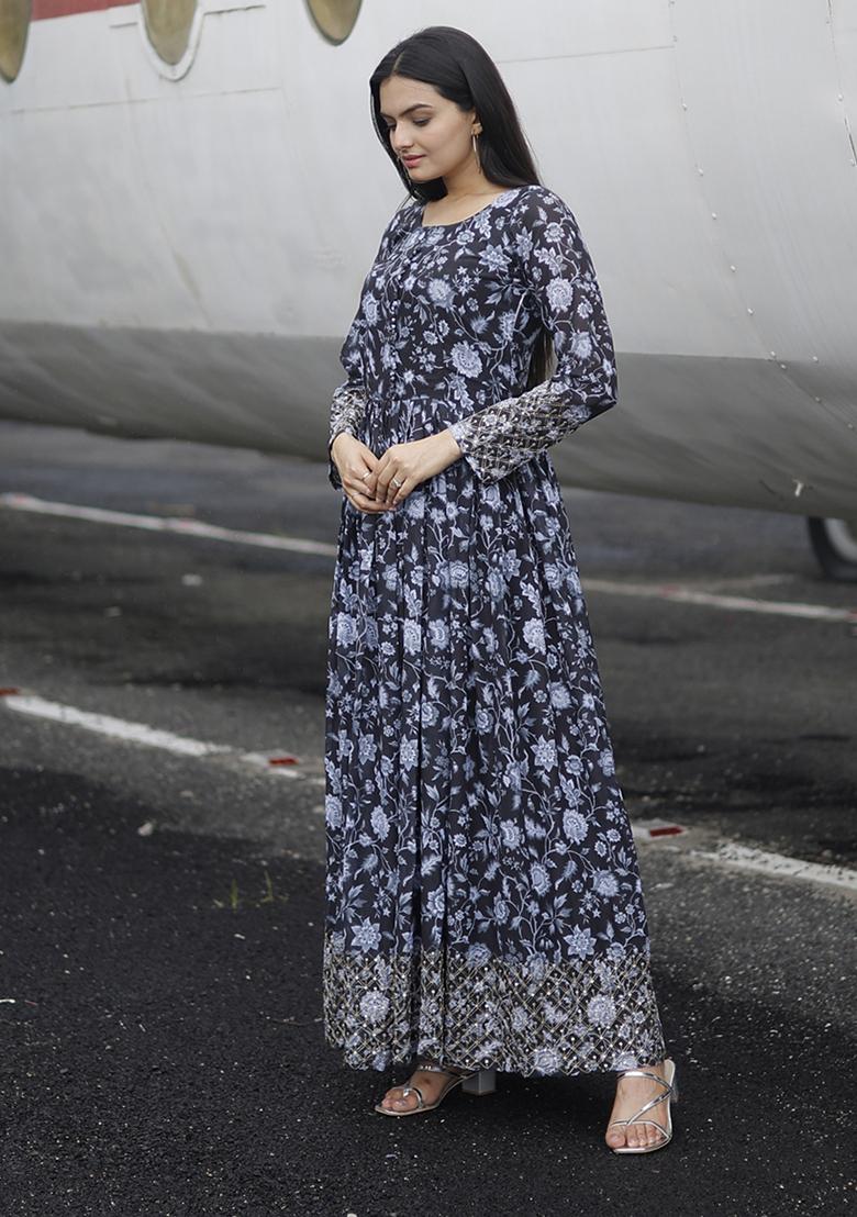 Black Sequin Zari Embroidered Faux Georgette Anarkali Kurta