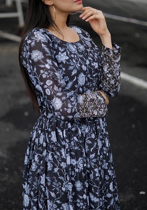 Black Sequin Zari Embroidered Faux Georgette Anarkali Kurta