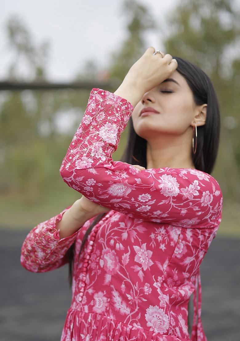Red And Pink Sequin Zari Embroidered Faux Georgette Anarkali Kurta