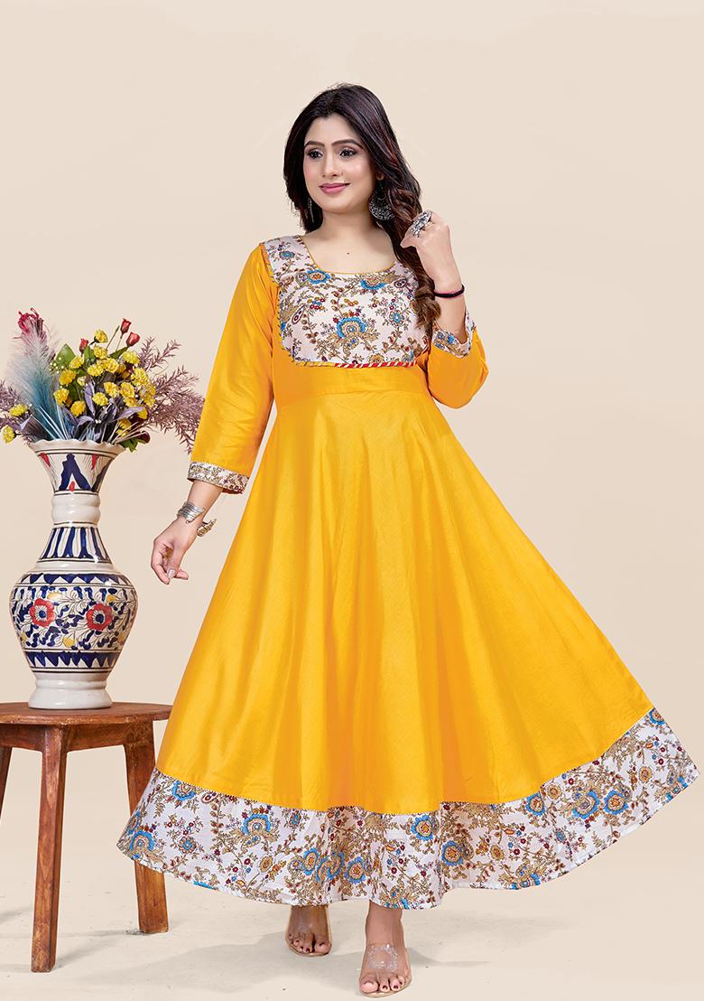 Yellow Printed Rayon Kurta